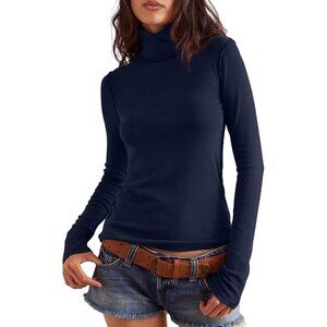 Women's Undershirts Dark Blue All Long Sleeve Ribbed Slim Top Tees